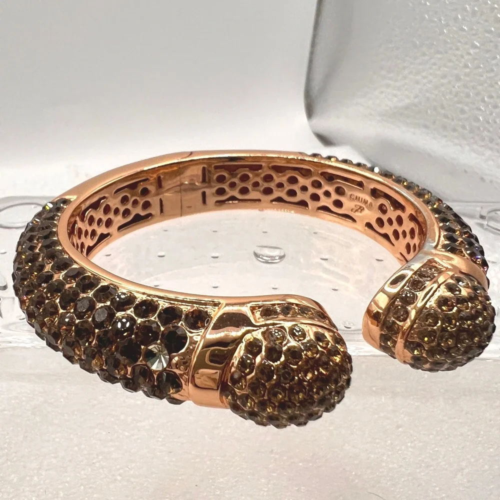 Joan Boyce‎ Hinged Bangle Bracelet Rose Gold Tone Purple Pave Rhinestones READ